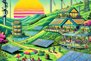 The image depicts a vibrant, futuristic landscape in 80s comic style. Rolling green hills are covered with solar panels, eco-friendly buildings with rooftop gardens, and tall wind turbines. People gather in a community area, socializing under umbrellas, while paths connect the scene. Bold outlines and halftone shading enhance the retro look, with vivid greens, blues, and yellows highlighting a harmonious, sustainable future.