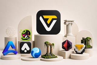 Minimalist editorial illustration comparing AI 3D model generators, featuring the Tripo AI logo prominently on a central pedestal surrounded by Meshy, Rodin, Kaedim, TRELLIS, Hunyuan3D, and other tools in a clean gallery-style 3D scene.