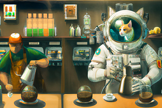 AI-generated image of a man and a cat in spacesuit brewing coffee