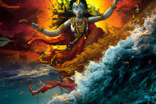 A blue-skinned figure with long black hair dances in an ocean of dark turquoise water. They are wearing red and orange fabric that flies out around their body. The frothy white and turquoise waves rise up on the front right. A saffron and yellow colored sunset is directly behind them and glows around their body.