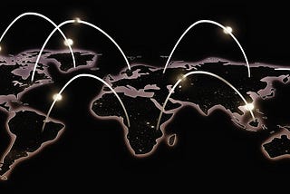 Black image with white outline of countries with network connections