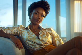 Middle-aged Black Asian woman, Black Marie Antoinette, sitting in a modern corner office, hyper-realistic.