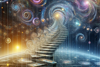 A vision of the universe shows steps linking between galaxies, decorated with fractals and represent the transition from a novices single dimensional sequence of steps to a masters view of a multi-dimensional spacetime continuum