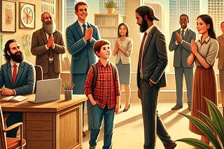 Father and son in office setting.