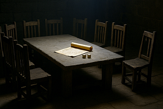 A dimly lit table with 12 empty chairs, one broken and in shadow, with casting lots and a scroll in the center — symbolizing the forgotten apostle Matthias chosen by chance.
