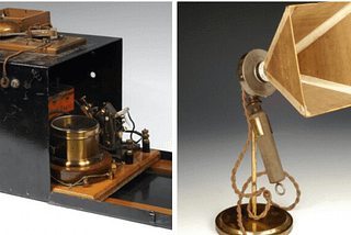 One of Marconi’s first radio receivers (c.1896) (left), microphone used for first radio broadcast in 1920 (right) — Both artefacts are in exhibition at the Museum of the History of Science in Oxford, England.