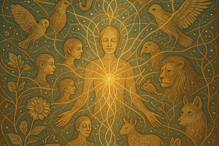 A central being with energy coming from the heart center reaching out to all beings