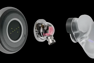 An exploded view of three components of the iyo One audio computer.