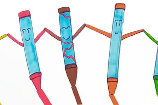 Five crayons holding hands and smiling: yellow,red,brown,orange and green.