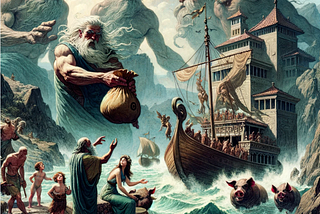 Cover design for ‘Odyssey by Homer | Book 10 Explained | Leonidas Esquire Translation | by Leonidas Esquire Williamson is showcasing a photo of a scene showing Odysseus receiving the bag of winds from Aeolus, encountering the giant Laestrygonians, and interacting with Circe on the isle of Aeaea.