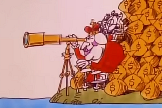 In the “No More Kings” video, King George sits on his throne on the British coast watching the American colony across the pond, while he’s surrounded by money bags.