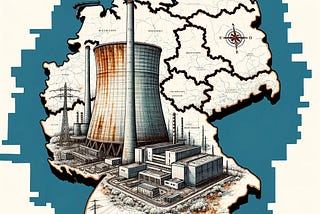 IMAGE: An illustration of a map of Germany with a rusty, old, and disconnected nuclear power plant. The plant is depicted as dilapidated and stands out on the map, symbolizing the country’s transition away from nuclear energy