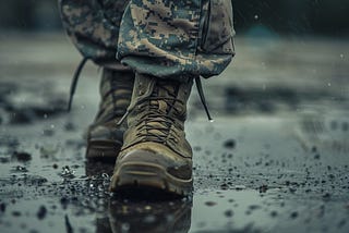 close up of soldiers boots walking in the rain