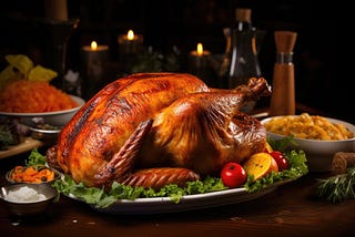 A traditional turkey on a platter at a Thanksgiving setting