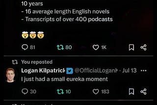 A screenshot of three tweets from Logan Kilpatrick (@OfficialLoganK) discussing the significance of long context in tokens, a personal realization, and a question about excitement for Gemini 2.0. The tweets have varying reactions in terms of comments, retweets, and likes.