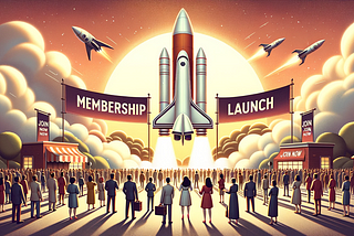 Image created using Dall-E 3 — Concept art of a membership launch featuring a rocket blasting off before a crowd at sunrise.