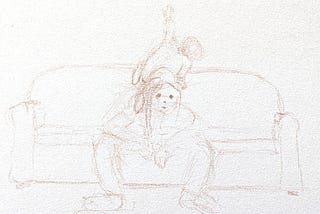 Pencil sketch of a woman on a couch with a toddler climbing on her head and shoulders