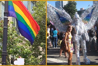 Photo on left: rainbow flag hanging in front of green shrubbery. Photo on right: a woman in a white flowered dress standing next to a shimmery silver creature at a Pride Celebration.
