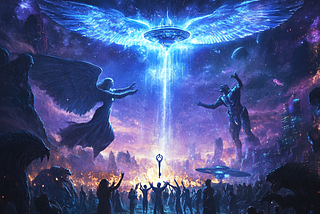 An angel and demon grasp at a key that leads to a ufo with angelic wings