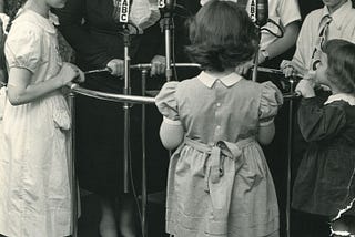 Helen Parkhurst with Dalton School students on her radio program, late 1940s.