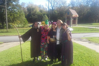 Author on his way to a renaissance fair with one kid and several family friends