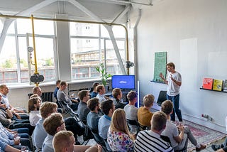Allies Ecosystem Meetup — Priit Pavelson, CEO of allies.digital (standing) — key note at Allies developer ecosystem meetup