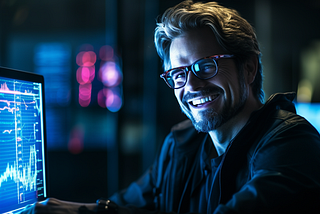 A smiling man in front of his trading computer