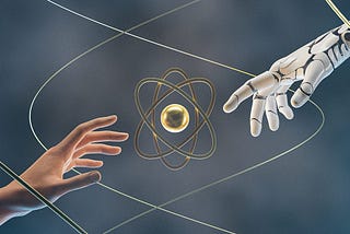 A digital illustration depicting the convergence of human and artificial intelligence in space exploration. A human hand and a robotic hand reach towards each other, with an atom at the center, symbolizing the fusion of technology and science. Thin golden lines surround the atom, representing orbit or cosmic energy. This image highlights the synergy between humans and AI in advancing space research and exploration.