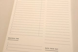 A page of the daily planner pad. There are areas for Date, Daily Tasks, Notes, Grateful For and Rate Your Day.