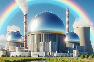 AI generated photorealistic image of a nuclear power plant all shiny and beautiful, this plant has three domed containment vessels it does not have any cooling towers or smokestacks, it is not emitting any smoke or steam, in the background it is a bright sunny day no clouds in the sky, a rainbow frames the power plant, the feeling is that nuclear power is a wonderful thing