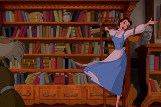 Belle from Beauty and the Beast on a ladder in the library