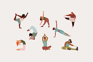 An illustration of eight people of different genders, ethnicities, and body types doing different yoga postures.