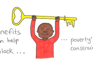 A man holds up a big key, showing that benefits can help unlock poverty’s constraints.