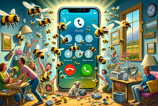 An illustration of a chaotic room with oversized bumblebees and people in a state of panic. In the center, an exaggeratedly large smartphone displays a call screen with various options such as “Accept,” “Decline,” and “Send a message.” Each option is surrounded by icons like a green phone and red hang-up symbol. The room is painted in a pastoral style with a window showing a mountain landscape, and various vintage electronics are strewn about. A dog sits calmly amidst the chaos.