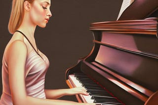 A digital oil painting of a young lady playing the piano.