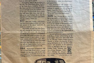 Photo of a magazine ad for a Rolls Royce, showing mostly text and a photo of a Rolls. See document for full text.