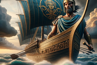Cover design for ‘Odyssey by Homer | Book 1 Explained | Leonidas Esquire Translation | by Leonidas Esquire Williamson is showcasing a photo of a grand ancient Greek ship sailing on the tumultuous Aegean Sea under a dramatic sky filled with ominous clouds.