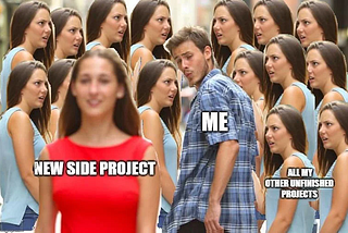 Guy looking at new side project, while all unfinished projects give him an angry, disappointed look