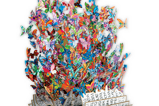“Book of Life” by David Kracov, painting of multi-colored butterflies flying off from the pages of a book.