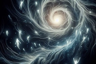 A conceptual visualization of the afterlife, characterized by a dynamic interplay of light and shadow. It features a central vortex of radiant light, symbolizing a portal or gateway to another realm. Surrounding this are ethereal figures that appear to be journeying towards the light, representing souls in transition. The swirling patterns and luminescent forms evoke a sense of mystery and the unknown, aligning with the enigmatic nature of afterlife theories.