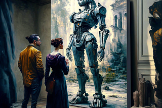 Generated image of a couple looking at an image of a robot in an art gallery