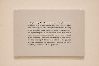 “Citizen-Placed Public Documents” is about a method derived from “Artist Placed Public Document Art” which appeared in a 2025 conceptual art gallery show in Chicago. Courtesy Engage Projects Gallery / Adam Daley Wilson. Adam Daley Wilson is a Stanford lawyer conceptual artist, and art theorist.