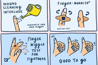 A comic strip outlining the user journey of a person who needs a knuckle bandaid.