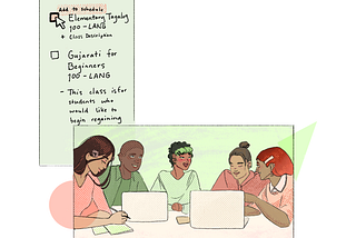 An illustration shows choosing Tagalog or Gujarati for language class and 5 students studying for language class together.