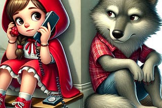 Little Red Riding Hood with a cell phone at her ear and the wolf listening to what she hears and says