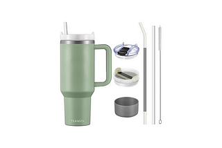 TEAMVV 40 oz Stainless Steel Tumbler with Handle and Straw, Bay Leaf
