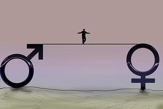 A photo showing a person on a tightrope between the Roman “male” symbol and the Roman “female” symbol.