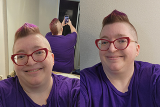 Two side-by-side vertical photos of a woman with sort of a mohawk/mullet hairstyle that’s purple on the ends. The sides of her head are shaved. She wear red cat-eye glasses and a purple tee-shirt.