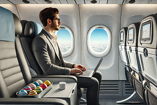 AI-generated image showing an entrepreneur on a plane with some easter eggs on the seat next to him