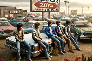 Friends sitting on a used car in a car lot.